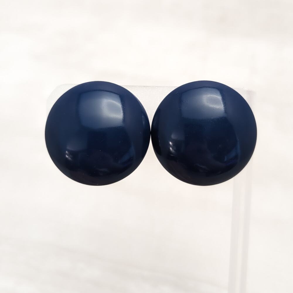 Vintage Clip On Earrings Large 1 & 1/8" Dark Blue Domed Retro Circle Statement